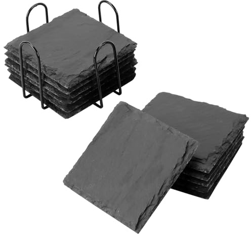 MOUYAT 12 posavasos de pizarra, posavasos cuadrados de pizarra con soporte, posavasos de piedra negra de 4 pulgadas, tapetes naturales para tazas de café, vasos de cerveza