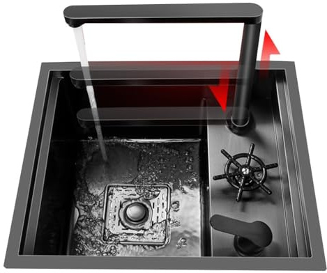 Mini lavello nascosto nero a vasca singola al bar, per uso domestico e commerciale, salvaspazio, piccolo lavello con rondella per tazza rubinetto di sollevamento