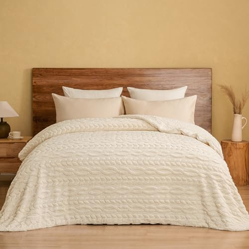 PHF Ultra Soft Sherpa Fleece Blanket Queen Size 90 x 90, 510GSM Fleece Lightweight Yet Warm Blanket for Winter Bed, No Shedding, No Pilling, Tufted Jacquard for Luxury Home Decor, Natural Cream