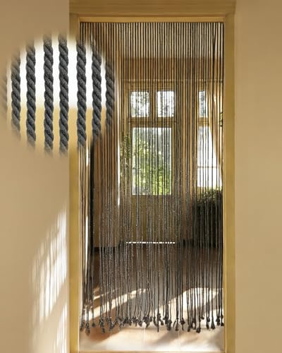 Ezcasch 90x200 Seilvorhang Türvorhang, 54 Stränge Grauer Boho Terrassentür Türvorhang, Fliegenvorhang Balkontür als Raumteiler und Dekoration für Balkon, Zimmer, Terrasse