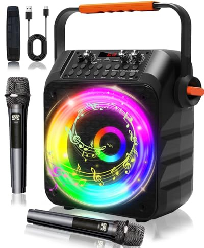 Omeyo Karaoke Maschine mit 2 Drahtlosen Mikrofonen – 60W Leistung 6,5 Subwoofer, Lautsprecher mit PA-System, unterstützt TWS/FM/AUX/USB/TF/Rec für Partys, Geburtstage (Orange)