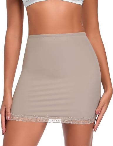 Werkiss Slip Skirt for Under Dress Women Lace Half Slip Slim Fit Slips Above Knee Mini Underskirt (Nude,S)