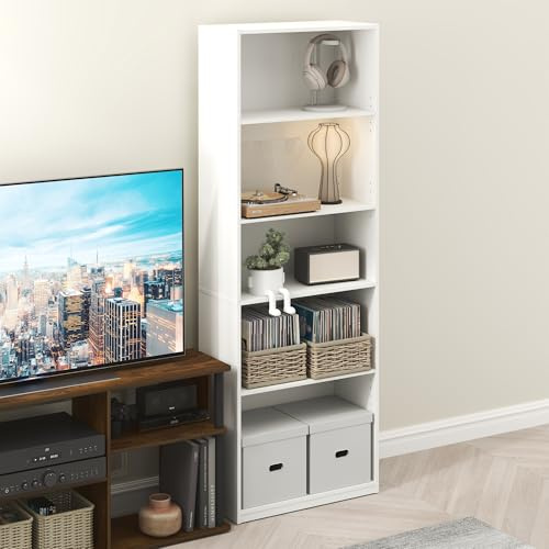 Furinno GEHRY DVD Regal, 5-stöckiges CD Regal, Medienregal mit Verstellbaren Böden, DVD Aufbewahrungsschrank für CD Blueray Spiel Discs, Einfache Montage, für Wohnzimmer, Home Office, Weiß