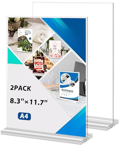 Zorplex 2 Stück A4 Acryl Tischaufsteller, Aufsteller, T-Ständer Werbeaufsteller für Preisschilder, Menükarten, Prospekte, Fotos und Poster (21 x 29,7 cm) (A4-2 Pack)