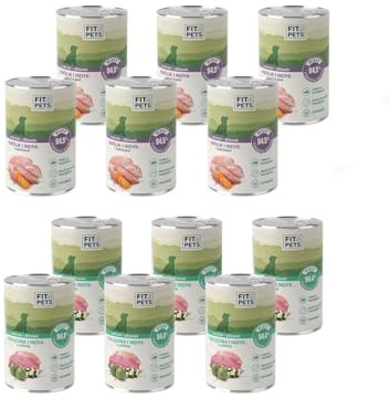 Fit4Pets Welpenfutter, Kalbfleisch und Pute Mix, Premium Feuchtfutter 94,4% Fleisch, ohne Getreide, mit Lachs und Moringaöl, 12 Dosen x 400g