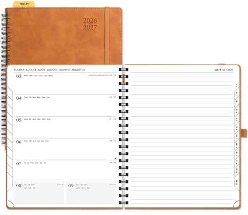 POPRUN Kalender 2026 2027 Spiralbuch mit Softcover ca.A4(21,2 x 25,9cm) | 17-Monate-Terminplaner,(Aug.2026-Dez.2027),Wochenplaner 2026 2027,1 Woche 1 Seite,Terminplaner(Braun)