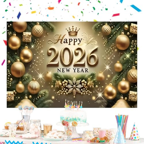 Gott Nytt År 2026 | 2026 Gyllene, Festridå med Festbanner | För Inomhus Utomhus Julfest Kontor Skola Farm Bar