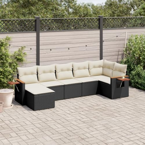JHQHSM Set di 7 divani da giardino con cuscino, nero, in polyrattan, design modulare con rivestimenti rimovibili e pratici ripiani pieghevoli, mobili in rattan PE resistente alle intemperie
