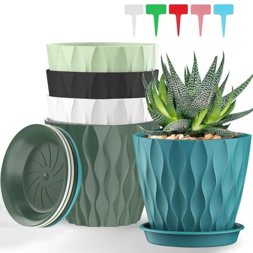 Bailtouk 5 Piezas Macetero con Plato, 12.6CM Maceta Redonda de Plástico | Macetas con Platillo de Agujeros de Drenaje Maceteros Decorativos Interior para Balcón, Interior, Jardín (Multicolor, 5IN)
