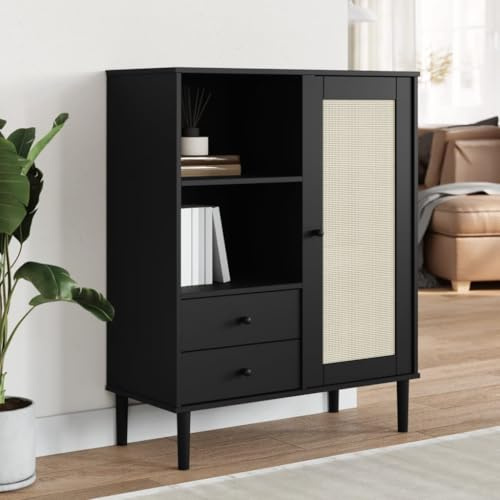 EDNRSOG Highboard Black Solid Pine Wood Engineered Wood Poly Rattan with 7 Compartments and 2 Drawers for Living Room Storage Modern Rattan Look