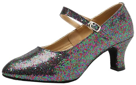 Sekiueo Damskor med glitter latinska ballroom-karaktärsskor med stängd tå fotledsrem hög klack för övningsframträdanden,Black,37 EU