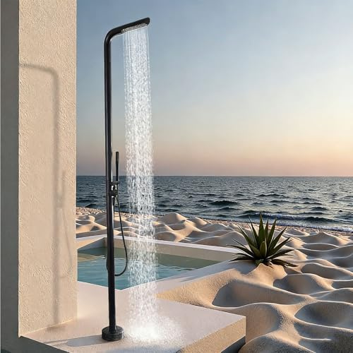Dexinhdh Douche D'extérieur en Acier Inoxydable avec Base, Design Intégré, Douche Autoportante avec Douchette À Main — Idéale pour Piscine Et Plage(Black)