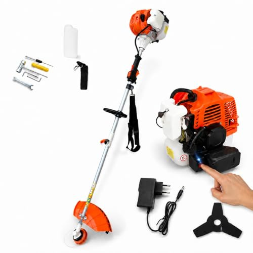 Tagliaerba Decespugliatore a Scoppio Motore 2 Tempi 52cc 1.45kW 8500RPM con Facile Avviamento Elettrico a Batteria 12V + Strappo Testina Batti e Vai Disco 3 Denti per Professionisti o Fai da Te