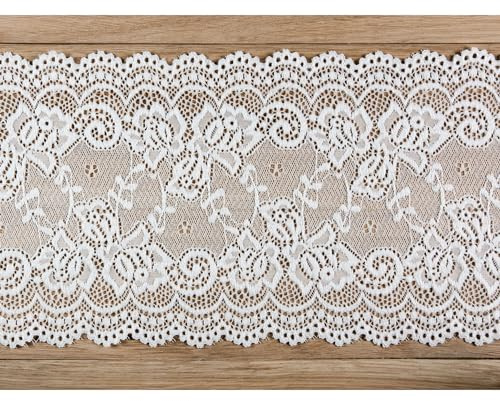 PartyDeco Tischläufer Spitze 15cm x 9m - farbecht & waschbar - Vintage Tischband für Hochzeit - Breites Blumen Spitzenband zum Nähen Dekorieren Basteln - Tischdeko & Hochzeitsdeko - Weiß