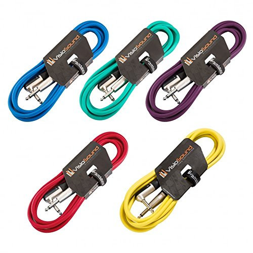VisioSound 5 x Guitar Lead 6.35mm 1/4 Mono Jack to Angled Jack/Instrument Cable / 5 Pack 3m Multi-Coloured