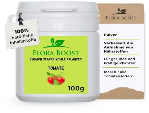 Konfitee Tomaten Dünger Flora Boost 100g I Für bis zu 100L Gießwasser I Dünger in Pulverform I Gemüsedünger für Tomaten Pflanzen I Blatt- & Wurzeldünger I 100% natürlicher Pflanzendünger