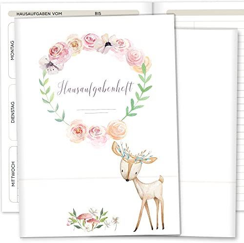 Olgs Hausaufgabenheft Hülle Cute Boho inkl. Heft Schulheft Schutzhülle Umschlag Geschenkidee Einschulung Grundschule (ohne Personalisierung, Reh)