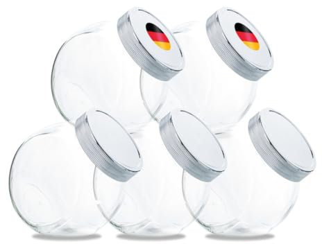 Flaschenbauer- 5X Bonbongläser 870ml inklusive eines silberbedampften Kunststoffverschluss als Vorratsglas, zur Aufbewahrung von Kosmetikartikel oder für eine Candy Bar