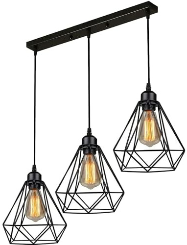 DC VOLTAGE Black Modern 3 Head Pendant Light, Vintage Ceiling Bar Light Fitting, Adjustable Hanging Rope Light, E27 Socket Pendant Lamp for Kitchen Dining Room Bar