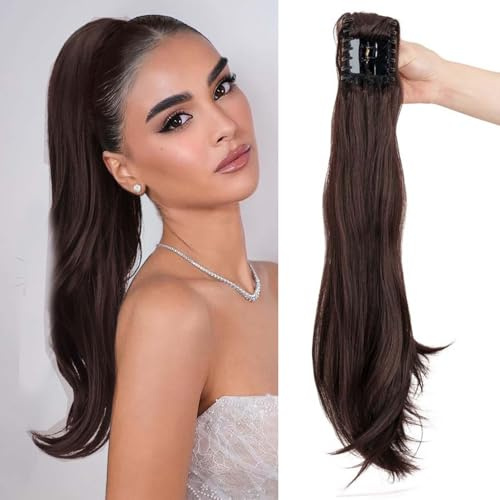 55 cm langes Haarteil, Pferdeschwanz, mit Zange, Extensions, Clip On Ponytail, Echthaar, Mikrowellen, dunkelbraun