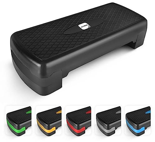 Exercise Steps – Fitness Stepper for Home & Gym, Suited for Aerobics, Cardio, Weights, Yoga, DVD Workout – Adjustable 3 Level Heights (10,15,20cm) – Equipment Accessory Set for Fitness Routines(Black)