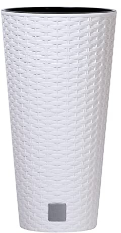 URBNLIVING Round Rattan Elegant Tall Large Plant Pot Flower Indoor Outdoor Garden Planters (White, H 38cm x D 20cm)