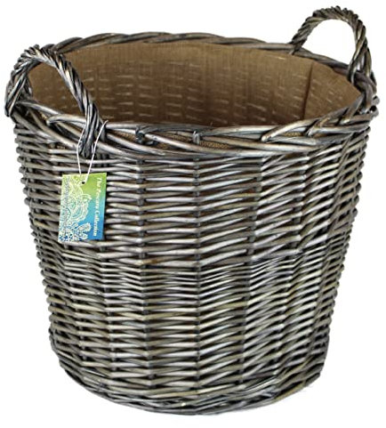 Round Grey & Antiqued Wicker log baskets. Hessian lined. Wood & kindling storage for home hearths and fireplace. Large wood burner bin (Wicker Handle, 51 cm)