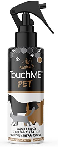TouchME - berührungsaktiver Geruchsentferner & Textilerfrischer Spray | gegen Tiergeruch im Hundebett oder Katzenkörbchen | inkl. Fellpflege für Hunde, Katzen & Pferde | Pet Gold 200ml (blumig)