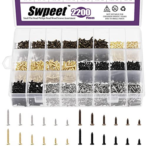 Swpeet Lot de 2 200 Vis à Bois 4 Couleurs 5-16 mm - Assortiment de Mini Vis Plates Cruciformes Auto-Foreuses à Tête Plate