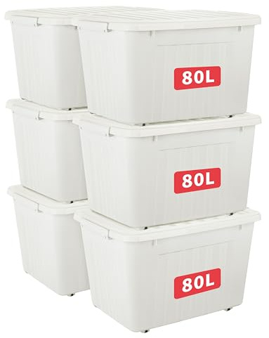 Cetomo 80L*6 Scatole di Stoccaggio con Coperchi, Contenitori in Plastica con Ruote, Clip On, Impilabili, Incastonabili, Organizzatore a Righe per Casa Ufficio, Bianco, 80L-6 Pezzi
