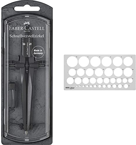 Faber-Castell 174530 - Schnellverstellzirkel Stream, Blackstone, 1 Stück & Aristo AH23319 Geo College Schulkreisschablone (35 Kreise, Durchmesser 1-35 mm, formstabiler PET-Kunststoff) grau-transparent