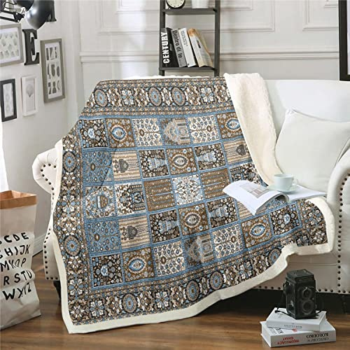 Homewish Manta oriental de sherpa vintage, manta de patchwork, manta persa marrón para silla 75 x 100 cm, manta de vellón bohemia mandala, manta de felpa hippie estética para decoración de habitación