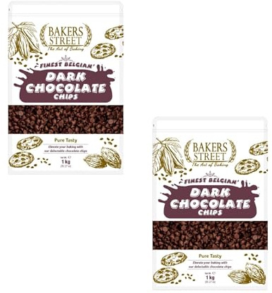 Bakers Street Dark Chocolate Chips | (2X1Kg) Pack | Premium Quality | Baking & Dessrets | Makeing Cake, Muffin and all of bakings
