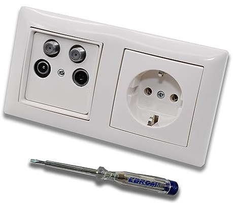 Busch Jäger SET: Unterputz 4-Loch Dose 40-2400 MHz, Enddose Stichdose, Radio/TV/SAT1 & SAT2. Inkl. BalanceSi alpinweiß 2fach Rahmen, Steckdose 20 EUC-914 + EBROM Phasenprüfer zur Montage der Geräte