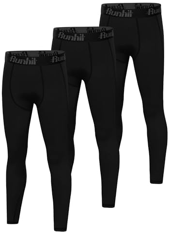 Runhit 3 Pack Boys Compression Leggings,Athletic Tights Basketball Compression Pants,Youth Boys Base Layer Pants Sports Legging Black+Black+Black M