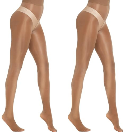 MANZI 2 Pairs Women's Shiny Sheer Pantyhose Gloss Tights High Waist Nylons Silk Smooth Oil Shimmer Stockings Tights Brown L-XL