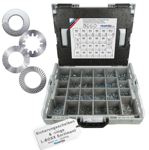 FRANTOS L-BOXX Sicherungsscheiben und Sicherungsringe Sortiment (Stahl verzinkt) 6.225 tlg. - Federringe Zahnscheiben Schnorrscheiben Set
