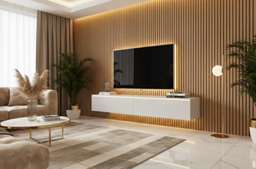 MINIO go for it - Meuble TV Donna Largeur 180 cm Lowboard sans LED | Debout ou suspendu, meuble TV pour le salon, couleur : blanc mat / blanc brillant