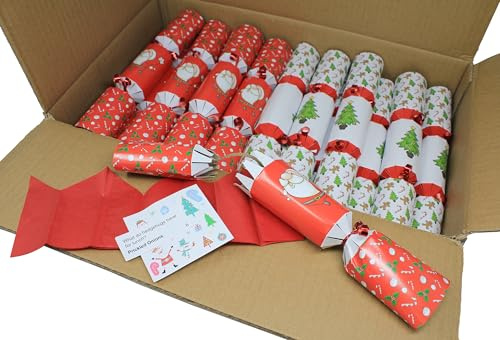 Bright Ideas Christmas Catering Crackers Box of 50 10 Inch Crackers for Tableware, Tree and Santa Festive Design with Sticker, Party Hat and Joke. BI0601.