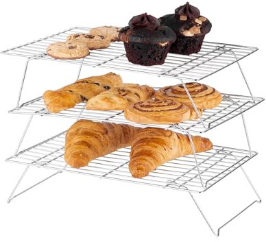 Innoteck Essentials 3 Tier Non-Stick Cooling Rack, Stackable Foldable Wire Tray for Baking Cakes, Cupcakes, Muffins, Cookies & Biscuits, 32 x 25cm, Black – Baking Tools & Accessories