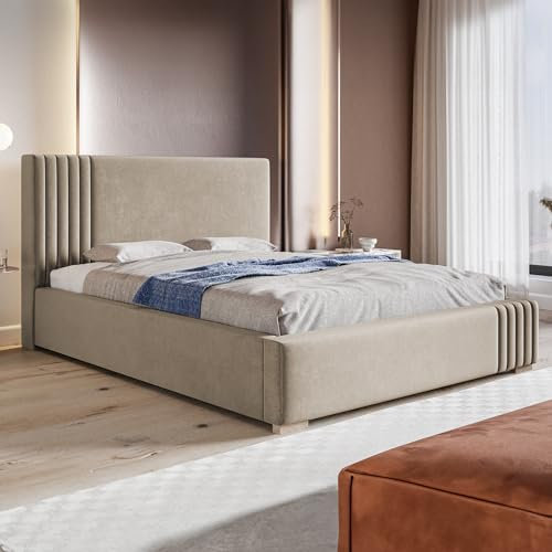 MOTIVENA Bolonia Bett 180x200 Beige Samt, mit Stauraum, mit Kopfteil, mit Lattenrost, mit Füßen, ohne Matratze, Polsterbett 180x200 mit Bettkasten Beige