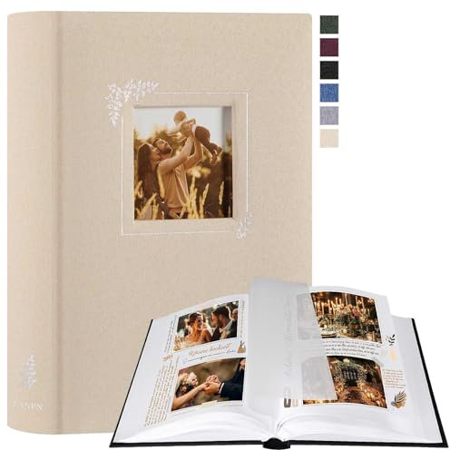 Lanpn Album Fotografico Scrapbooking, Piccolo Lino Design della finestra DIY Scrapbook 60 pagine bianche con divisori di cellofan per foto 9x13 cm 10x15 cm 13x18 cm (19x27cm, Beige)