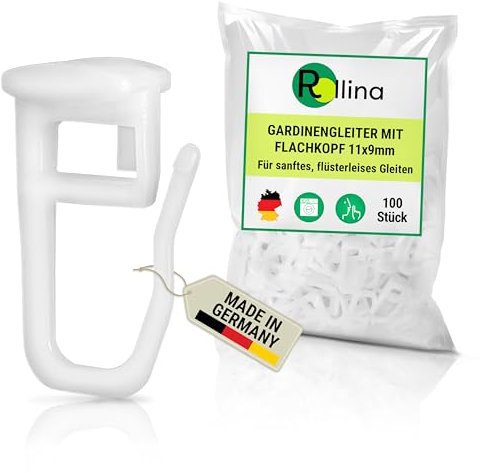 Rollina Gardinengleiter mit Flachkopf 11x9mm (100 Stück) Gardinenhaken für Schienen mit 4-7 mm Laufkanal | Vorhang Haken mit Faltenlegehaken
