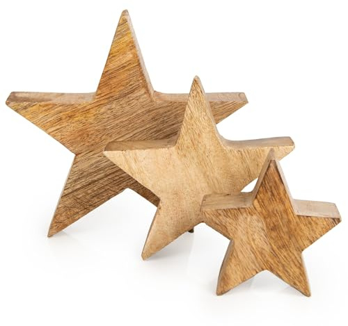 Logbuch-Verlag Weihnachtsdeko Sterne Set, 3er Set Holzsterne, 10-20 cm, Massive Sterne aus Mangoholz, besondere Deko Weihnachten, Natur braun zum Hinstellen