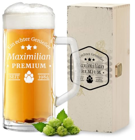 polar-effekt Bierkrug 0,5 Liter und Holzbox als personalisiertes Geschenk - Geschenke für Männer - zum Geburtstag und Jubiläum - Glas für Bier, Pils, Lager und Export