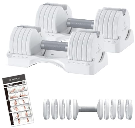 BYZOOM FITNESS Adjustable Dumbbell Set of 2, Verstellbare Hanteln 5 KG Paar Kompakt und platzsparend für Zuhause Krafttraining und Ganzkörpertraining 5-in-1 für Anfänger, White