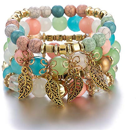 Jovono Boho Pärlband stapelbara armband kedja lager elastiska blad handkedjor vintage pärlor armband set för kvinnor (4 st), En storlek, Plast, Ingen ädelsten