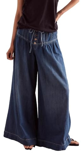 Sukany Women's Loose Wide Leg Denim Pants Midi Waist Drawstring Palazzo Jeans Button Down Flare Ruffle Pleated Denim Jeans Dark Blue XL