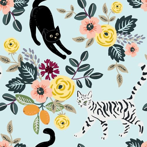 VEELIKE Selbstklebende Tapete Kinderzimmer Blaue Süße Katze Fototapete Blumen Blau 44.5 cm × 300 cm mustertapete Kätzchen Kindertapete Kinderzimmer Tapete Tier Badezimmer Mieterfreundliche Abnehmbar