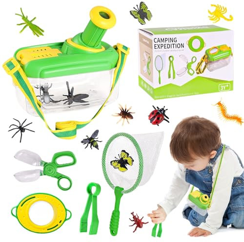 Riisoyu Becherlupe Set, Insekten Beobachtungsbox für Kinder zum Beobachten von Insekten mit Riemen Insektenklammern Pinzette Lupe Insekten Sammelbox Spielzeug Geschenk für Kinder Jungen Mädchen, Grün